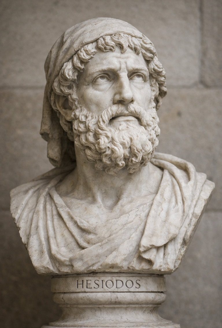 Hesiod was one of the first poets of ancient Greece and one of the formative founding figures of Western literature. Büste eines alten griechischen Philosophen mit Bart und Drapierung.
