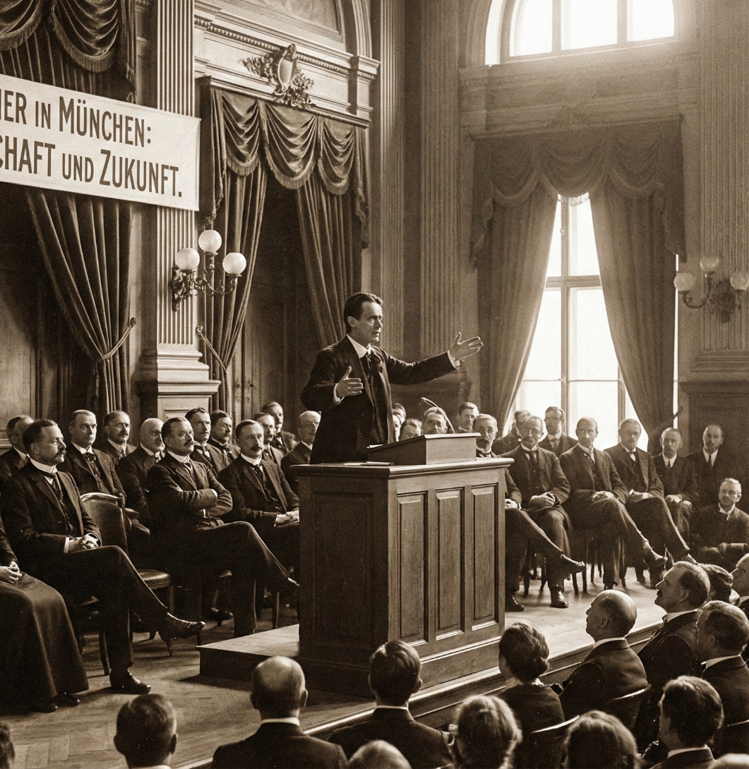 Studie Steiner vergleicht den sozialen Organismus mit dem menschlichen Organismus (Nervensystem, Rhythmisches System, Stoffwechselsystem). Eine gesunde Gesellschaft erfordert die Autonomie dreier Sphären. Ein Redner steht an einem Podium und spricht vor einem Publikum in einem feierlichen Saal.