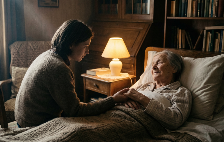 Eine junge Person hält die Hand einer älteren Person in einem gemütlichen Raum.