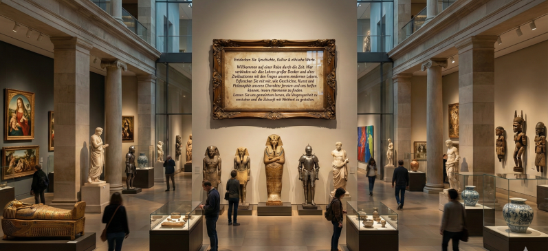 The Human Odyssey – The Journey of Life: Beginnings & Growth; Work & Calling; Wisdom & Reflection; Legacy & Renewal. Innenansicht eines Museums mit Skulpturen, Gemälden und Besuchern.