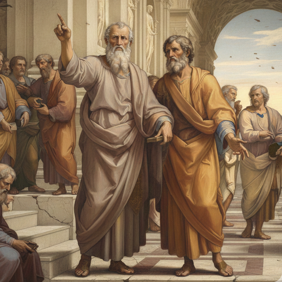 Aristoteles: Platons bedeutendster Schüler, der die Ideenlehre kritisierte (Ideen existieren nicht getrennt von den Dingen, sondern in ihnen als Formen), aber die Teleologie und die Vorrangstellung der Vernunft beibehielt. Zwei philosophisch gekleidete Männer sprechen vor einer Gruppe von Zuhörern in antiker Architektur.