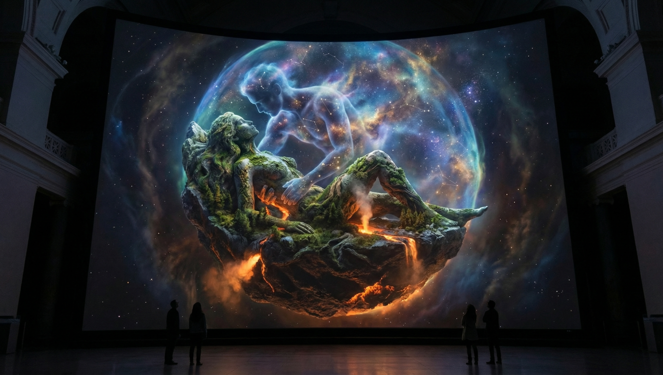Bunte Projektion einer fantastischen Landschaft mit einer stilisierten Figur inmitten von Energie.