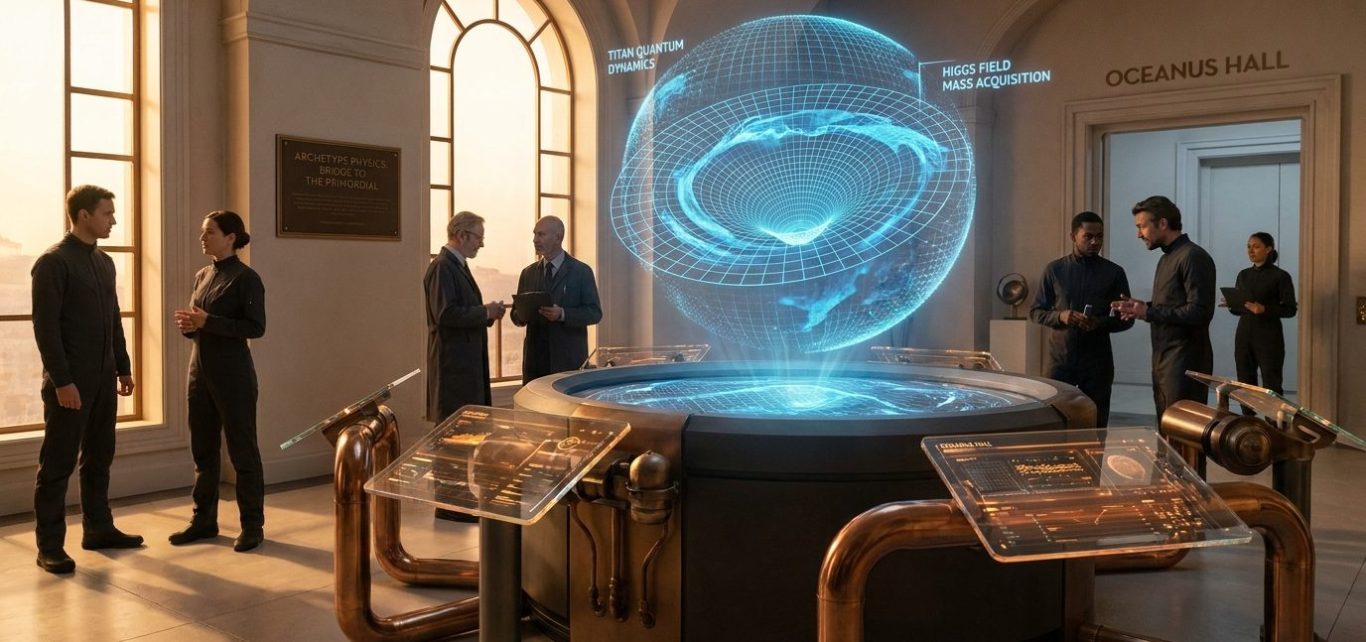 Eine Gruppe von Personen um einen holographischen Projektor in einem modernen Raum.