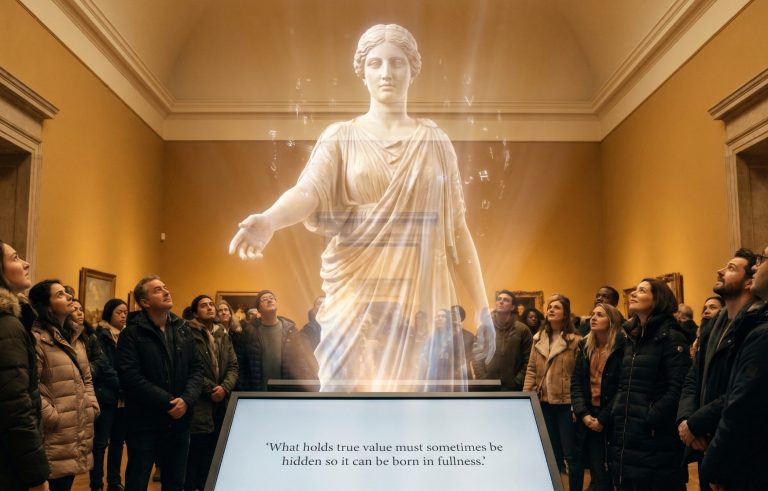 Her function is not limited to generation; she also preserves. As a living matrix, this force safeguards the traces, rhythms, and continuities that ensure the incarnate experience does not fracture with every new cycle. Statue einer antiken Göttin umgeben von Besuchern in einem Museum.