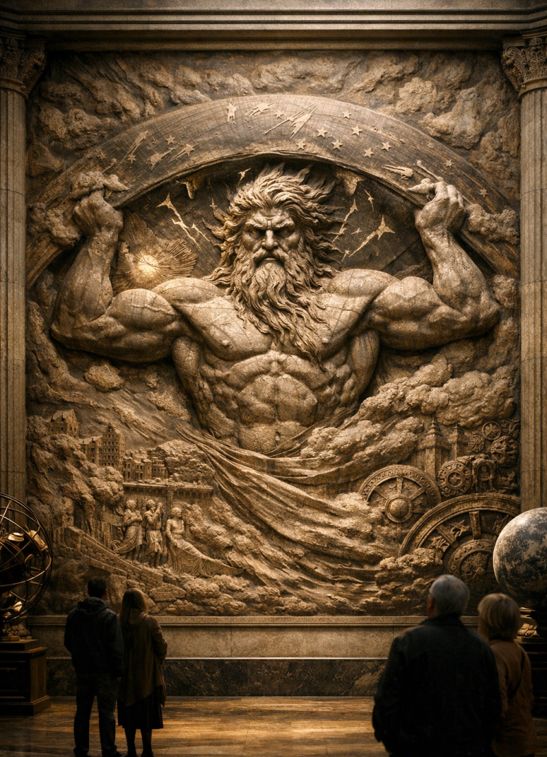 He embodies cold, dispassionate, rational curiosity and distant vision, representing the Concrete Mind that measures and dissects the physical world. This energy resonates with Virgo's meticulous detail and Gemini's dual intellect and categorization. Mächtige hochreliefierte Statue eines antiken Gottes, umgeben von Wellen und Schiffen.