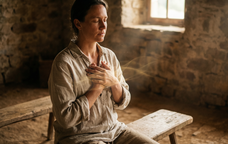 Herkules durch das Überwinden jeder Arbeit nicht nur eine äußere Herausforderung überwindet, sondern innerlich wiedergeboren wird und ein neues Maß an Weisheit und Selbstbeherrschung erreicht Eine Person sitzt auf einer Bank, hält die Hände vor der Brust und schaut nachdenklich.