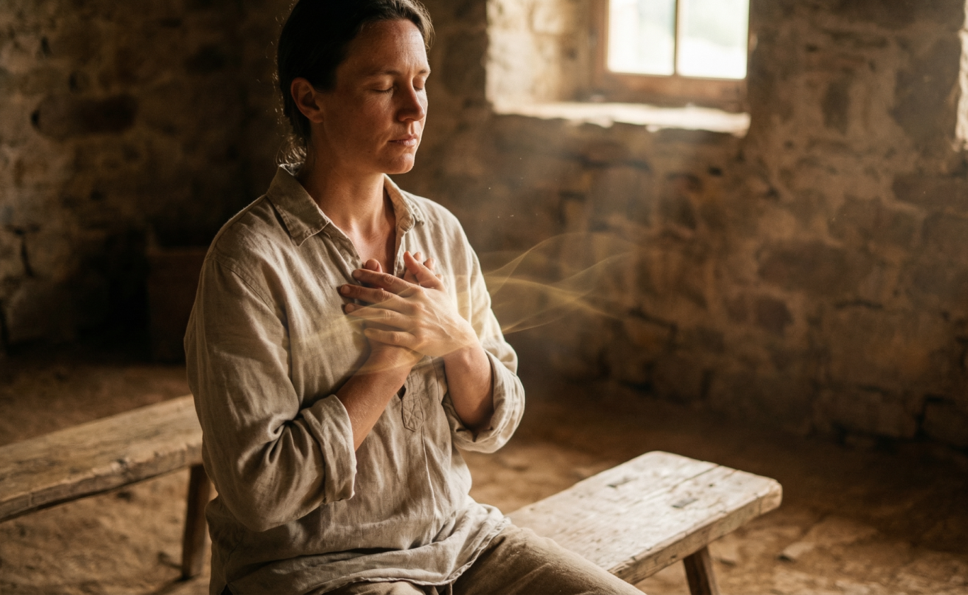 Eine Person sitzt auf einer Bank, hält die Hände vor der Brust und schaut nachdenklich.