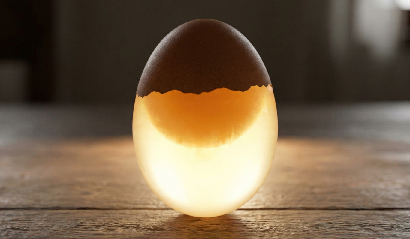 Ein halbtransparentes Ei mit sanften Lichtreflexionen auf einem Holztisch.