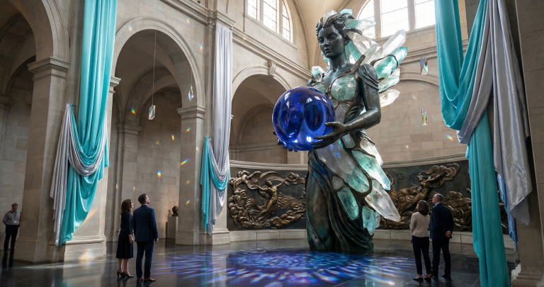 Theia is the light that reveals form and the vision that understands meaning, personifying Akasha as astral light translating intuition into sensory images. Eine große Statue einer geflügelten Figur hält eine leuchtende Kugel in einem eleganten Raum.