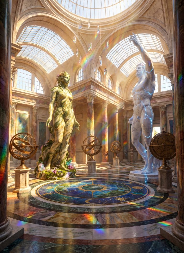 Die erste göttliche Generation (Gaia allein und mit Uranos) Zwei beeindruckende Statuen in einer prächtigen, lichtdurchfluteten Halle.