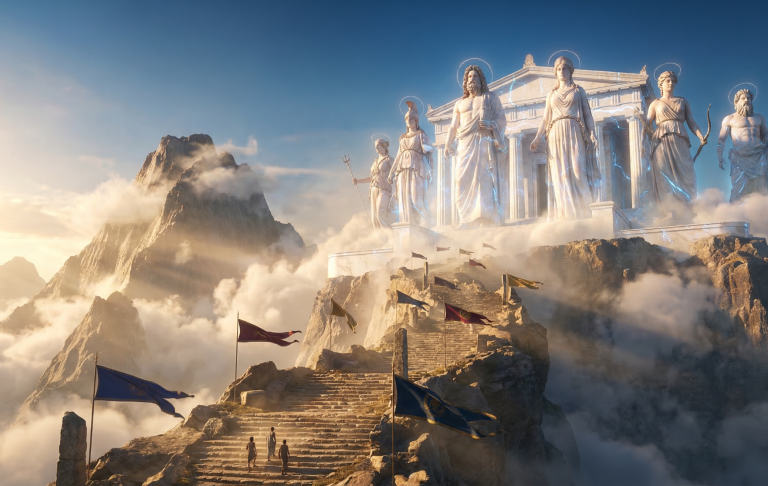 Antike Tempelanlage auf einem Berggipfel, umgeben von Wolken und dramatischem Himmel.