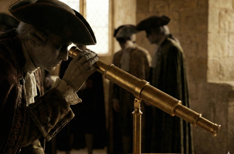 Ein Mann sieht durch ein Teleskop, umgeben von anderen historisch gekleideten Personen.