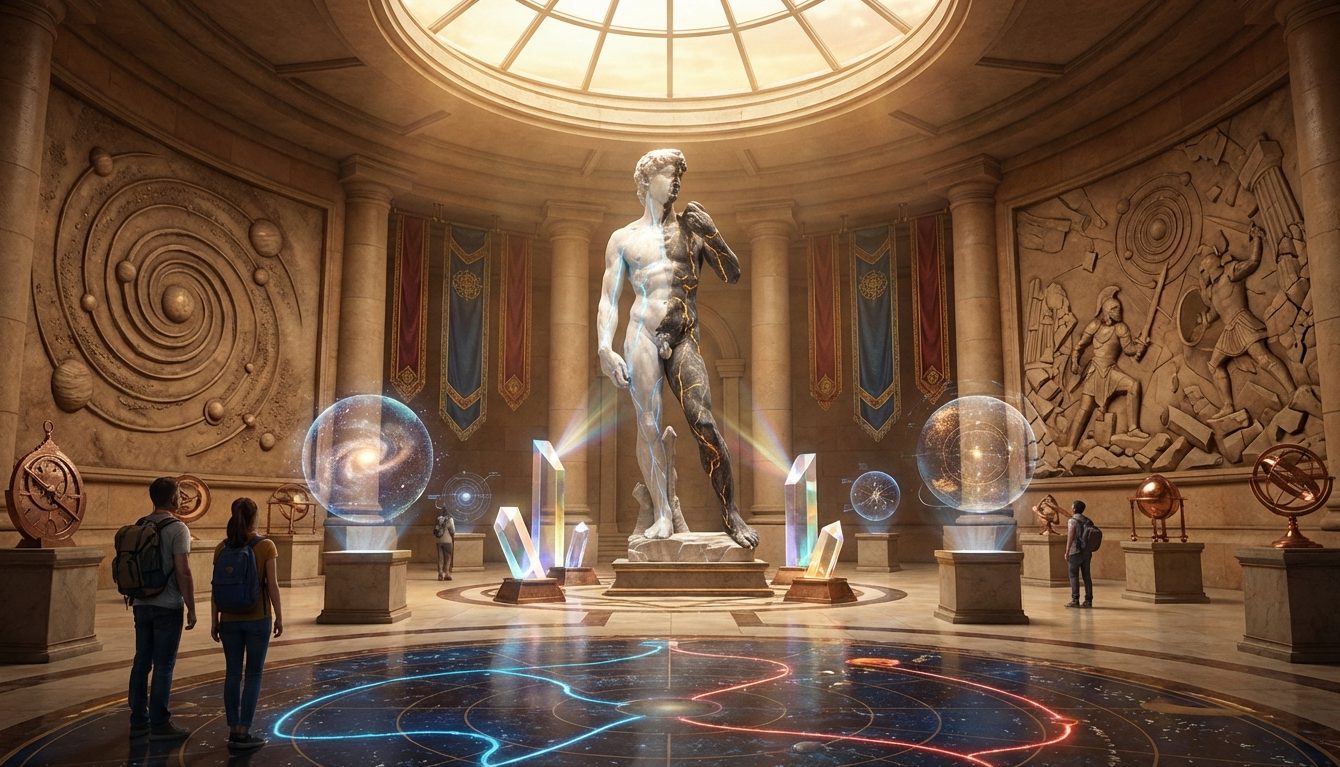 Helle Galerie mit einer Statue von David und holografischen Elementen.
