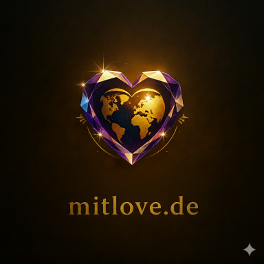 Warum „Mitlove“? Herzformiges Logo mit einer Weltkugel und der Website-Adresse mitlove.de.