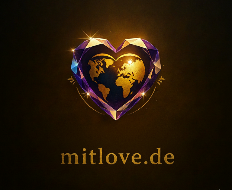 Goldenes Herz mit Weltkarte, umgeben von lila Kristallen und der Schrift "mitlove.de".
