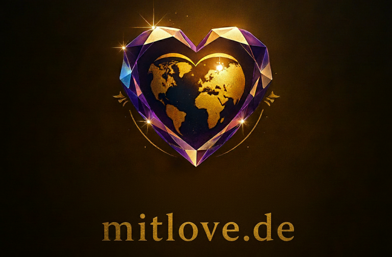 Wenn diese Liebe zum Motor aller Empfindungen wird, Löst sich die Illusion auf, und das Wahre Leben erblüht und wird. Die Liebe ist nicht nur der Weg; sie ist der Reisende und das Ziel. Sie ist das universelle Schicksal jeder Seele, das vollständige Gefühl. Goldenes Herz mit Weltkarte, umgeben von lila Kristallen und der Schrift "mitlove.de".