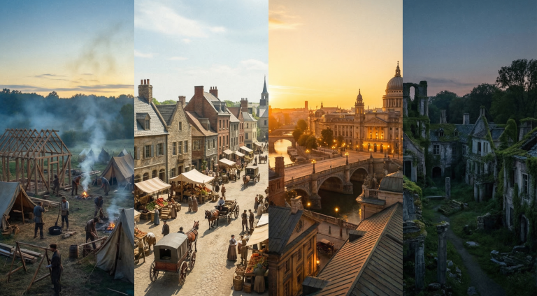 Vier Szenen: historische Lagerfeuer, Marktleben, Stadtansicht bei Sonnenuntergang und Ruinen.