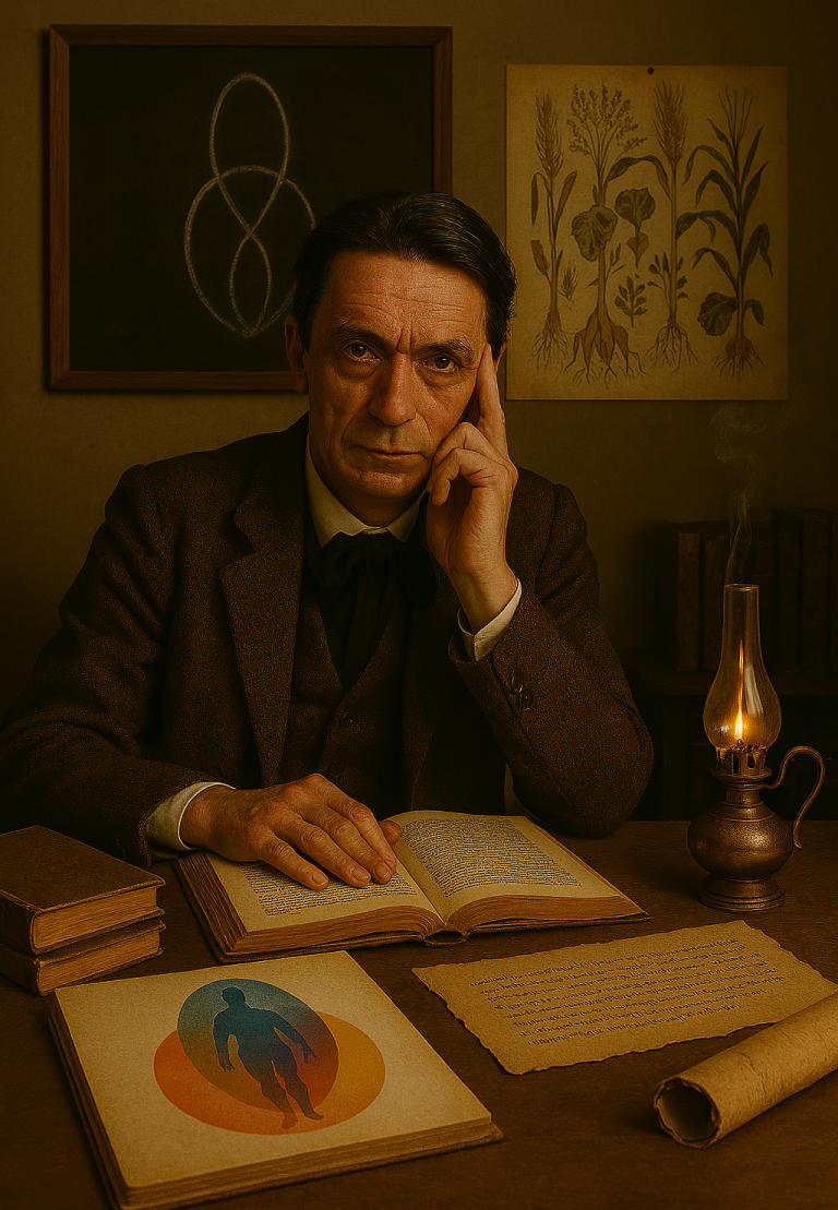 Rudolf Steiner | Begründer der Anthroposophie Ein nachdenklicher Mann sitzt an einem Tisch mit einem offenen Buch und einer Öllampe.
