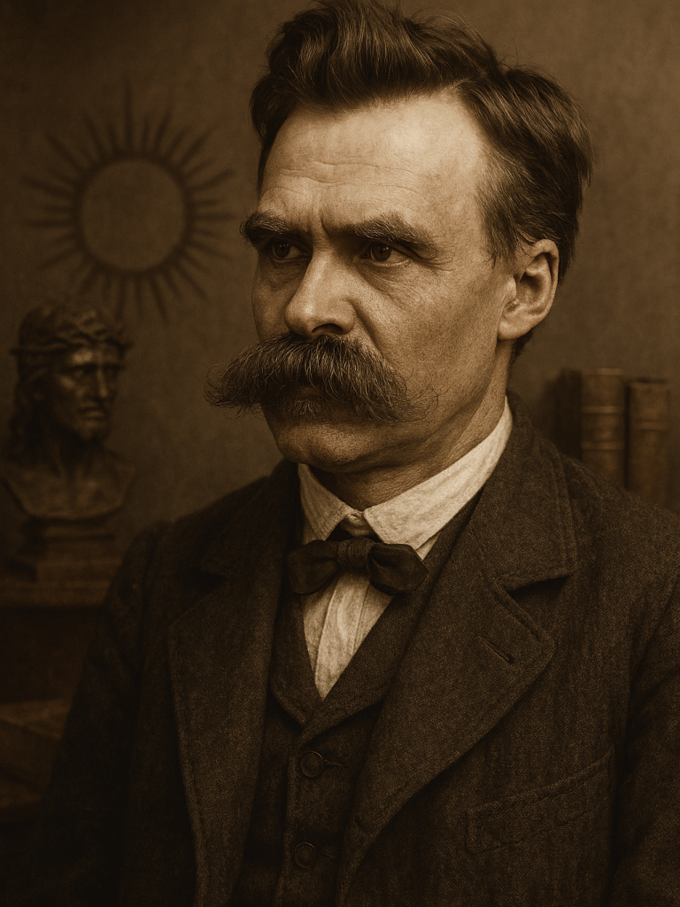 Friedrich Nietzsche | "Übermensch" - „Also sprach Zarathustra“ Porträt eines Mannes mit Schnurrbart, Anzug und Krawatte vor einem neutralen Hintergrund.