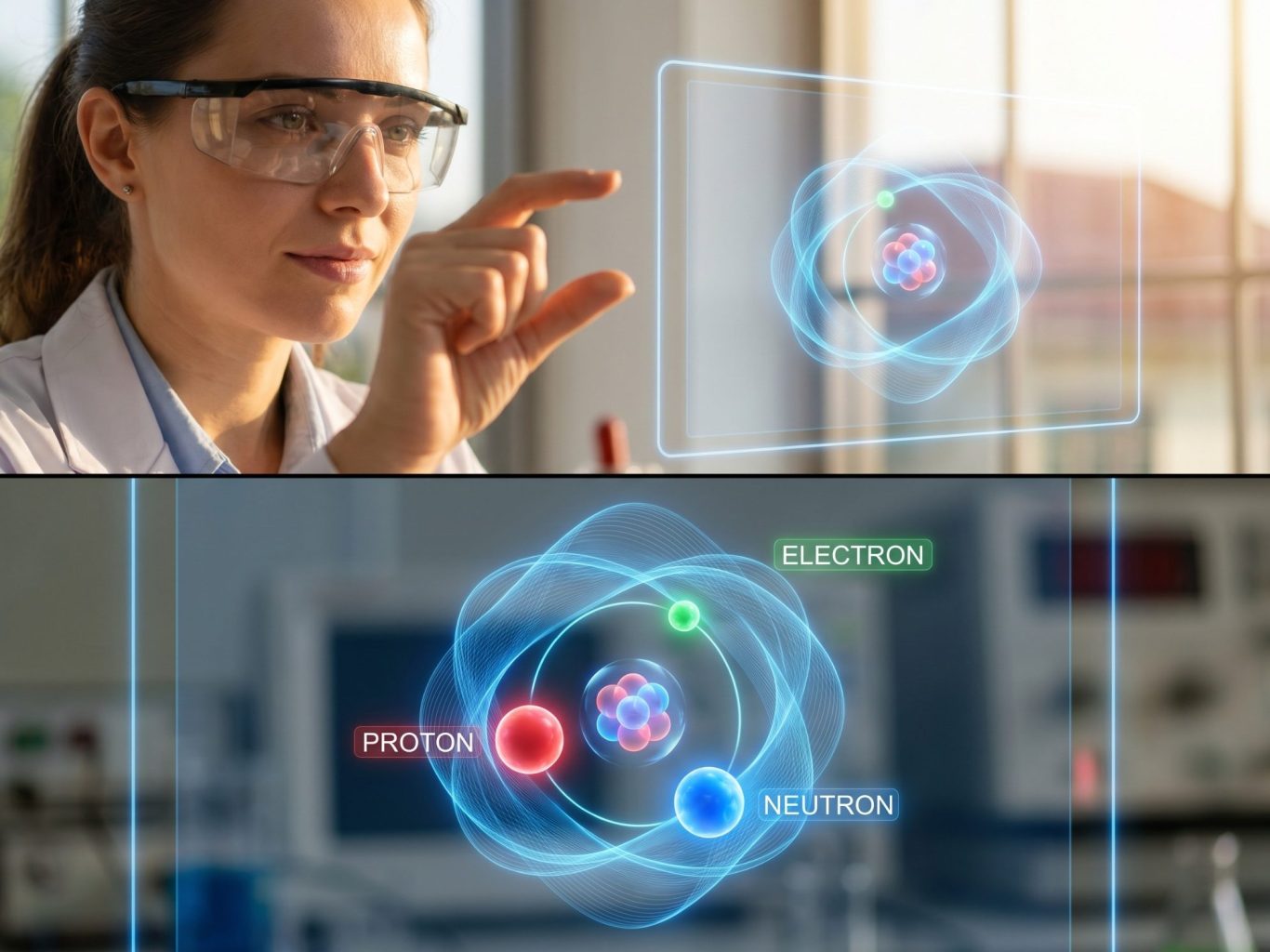 Wissenschaftlerin interagiert mit einer holografischen Darstellung von Atomen.