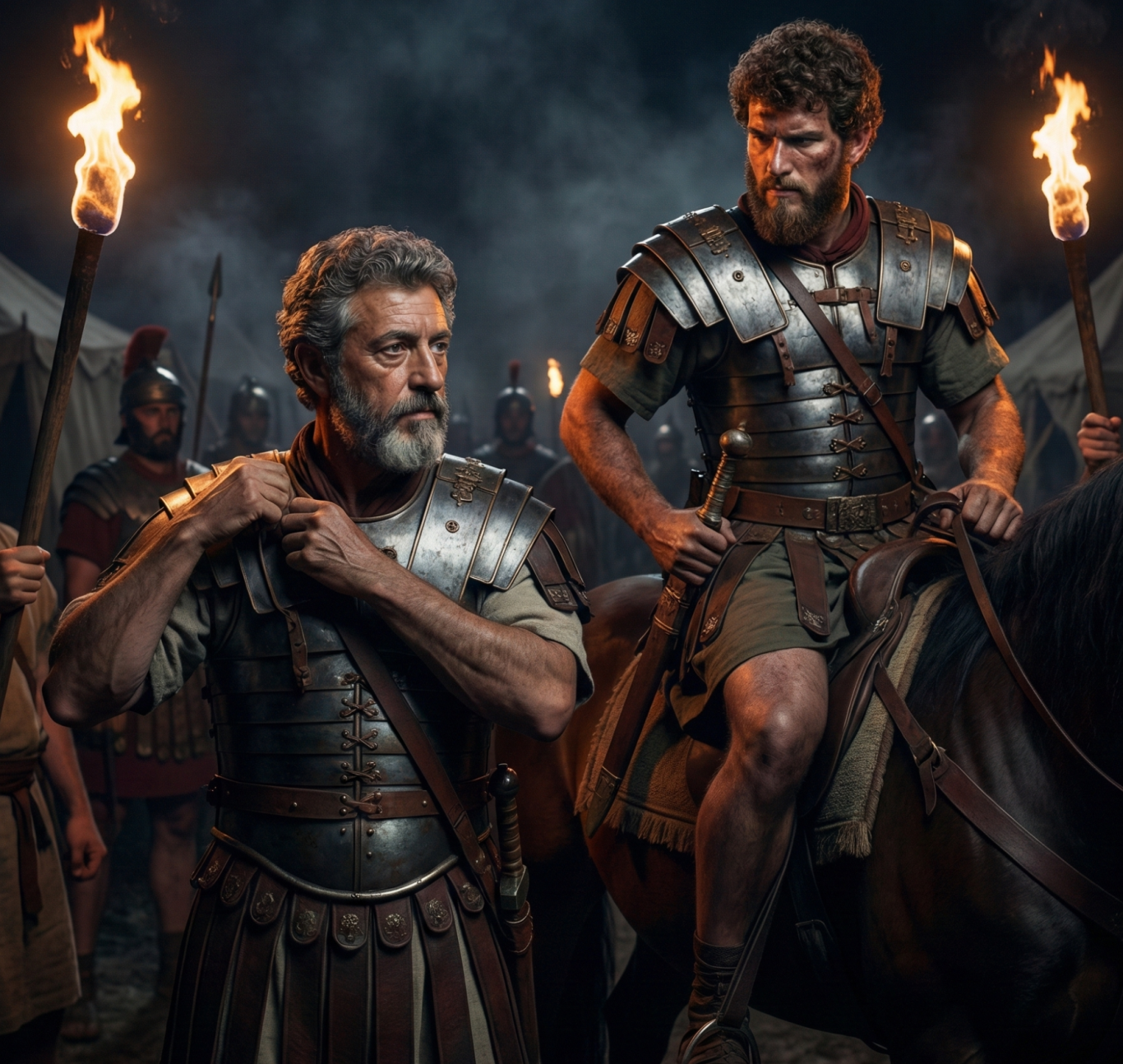 Zwei römische Soldaten in Rüstung stehen in einer dunklen, dramatischen Szenerie.