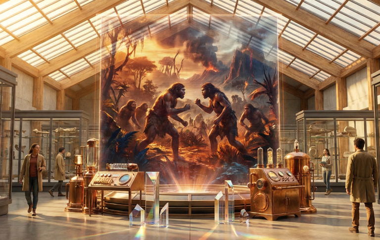 Historische Szene mit Menschen, die in einem Museum interagieren und ein Exponat betrachten.