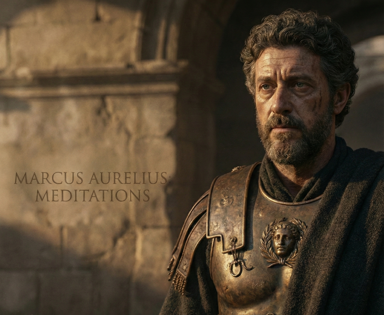 Porträt von Marcus Aurelius in historischer Rüstung, nachdenklicher Ausdruck.