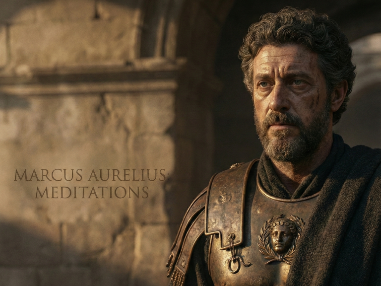 Marcus Aurelius wurde am 26. April 121 n. Chr. in Rom geboren. Porträt von Marcus Aurelius in historischer Rüstung, nachdenklicher Ausdruck.