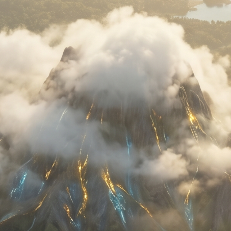 Ein Vulkan mit Wolken umhüllt, glühende Lava fließt an den Seiten.