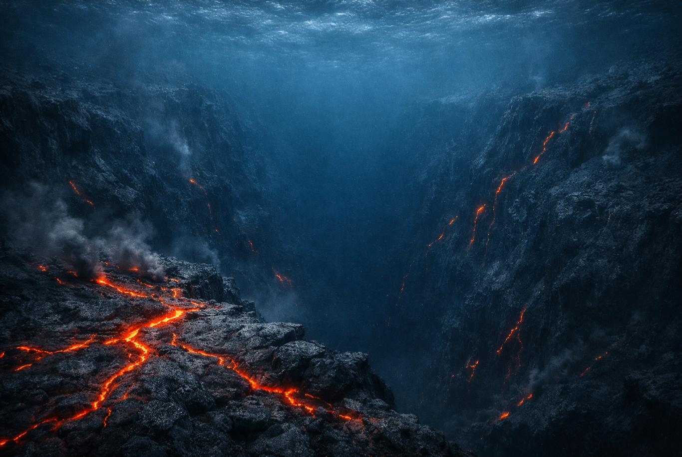Lava strömt in einer tiefen, dunklen Schlucht unter Wasser.