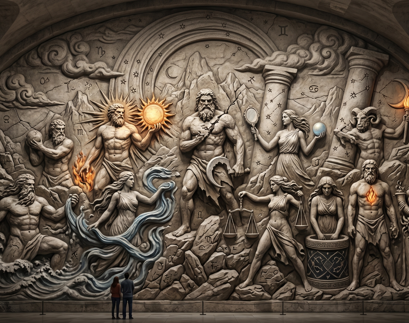 The Gods of Olympus: organized forces Detailreiche Wandgestaltung mit mythologischen Figuren und dynamischen Szenen.