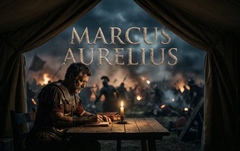 Marcus Aurelius sitzt am Tisch mit einer Kerze, während im Hintergrund eine Schlacht tobt.