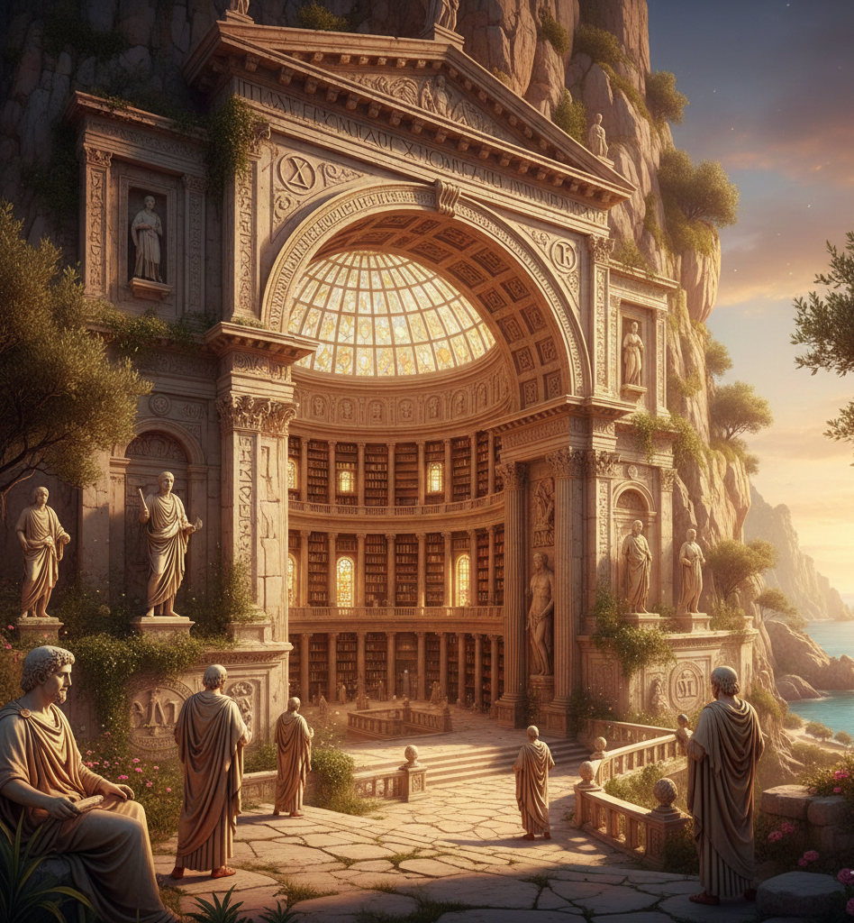 Die Akademie war keine Universität im modernen Sinne mit festen Abschlüssen oder staatlicher Finanzierung. Antike Architektur mit Säulen, Statuen und Blick auf das Wasser im Sonnenuntergang.