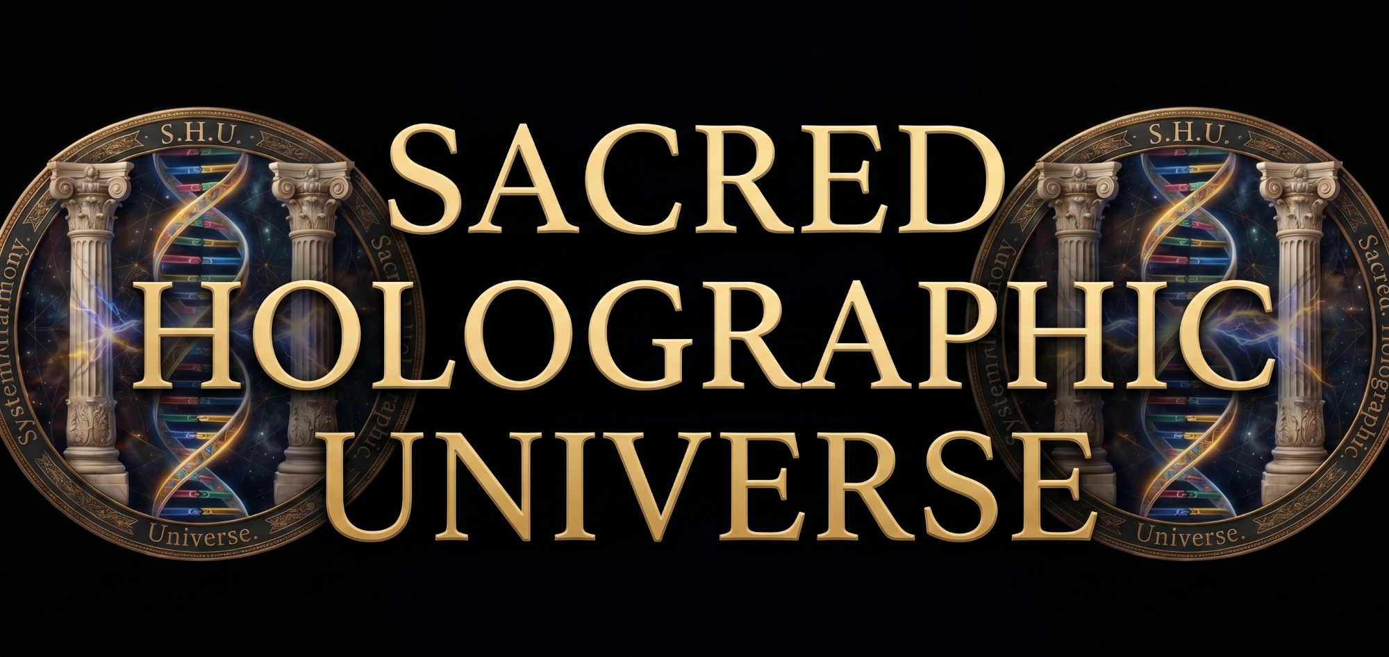 Text mit goldenen Buchstaben: "Sacred Holographic Universe" auf schwarzem Hintergrund.