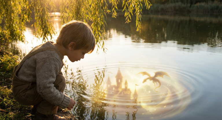 Ein Junge schaut auf die Wasseroberfläche, in der ein Drache und eine Stadt reflektiert sind.
