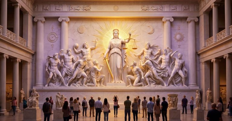 This force personifies, the precise and impersonal aspect, of the law of cause and effect. Nothing within it punishes out of resentment; everything within it responds through correspondence. Eine monumentale Skulpturengruppe mit einer zentralen Figur und Menschen davor.