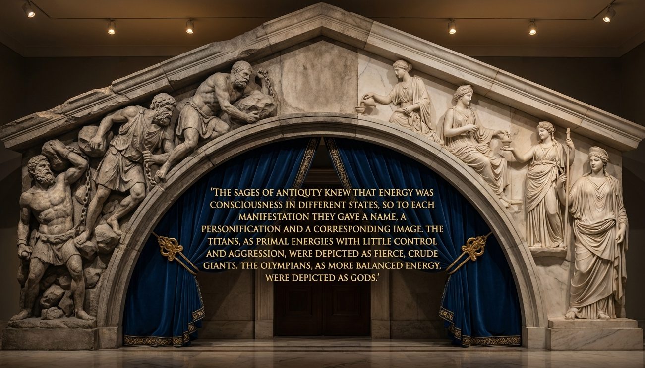 Relief mit Figuren und goldener Schrift auf blauem Vorhang in einem Museumsraum.