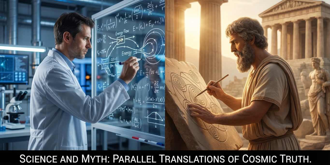 Wissenschaftler und antiker Denker, die an Konzepten des Kosmos arbeiten.