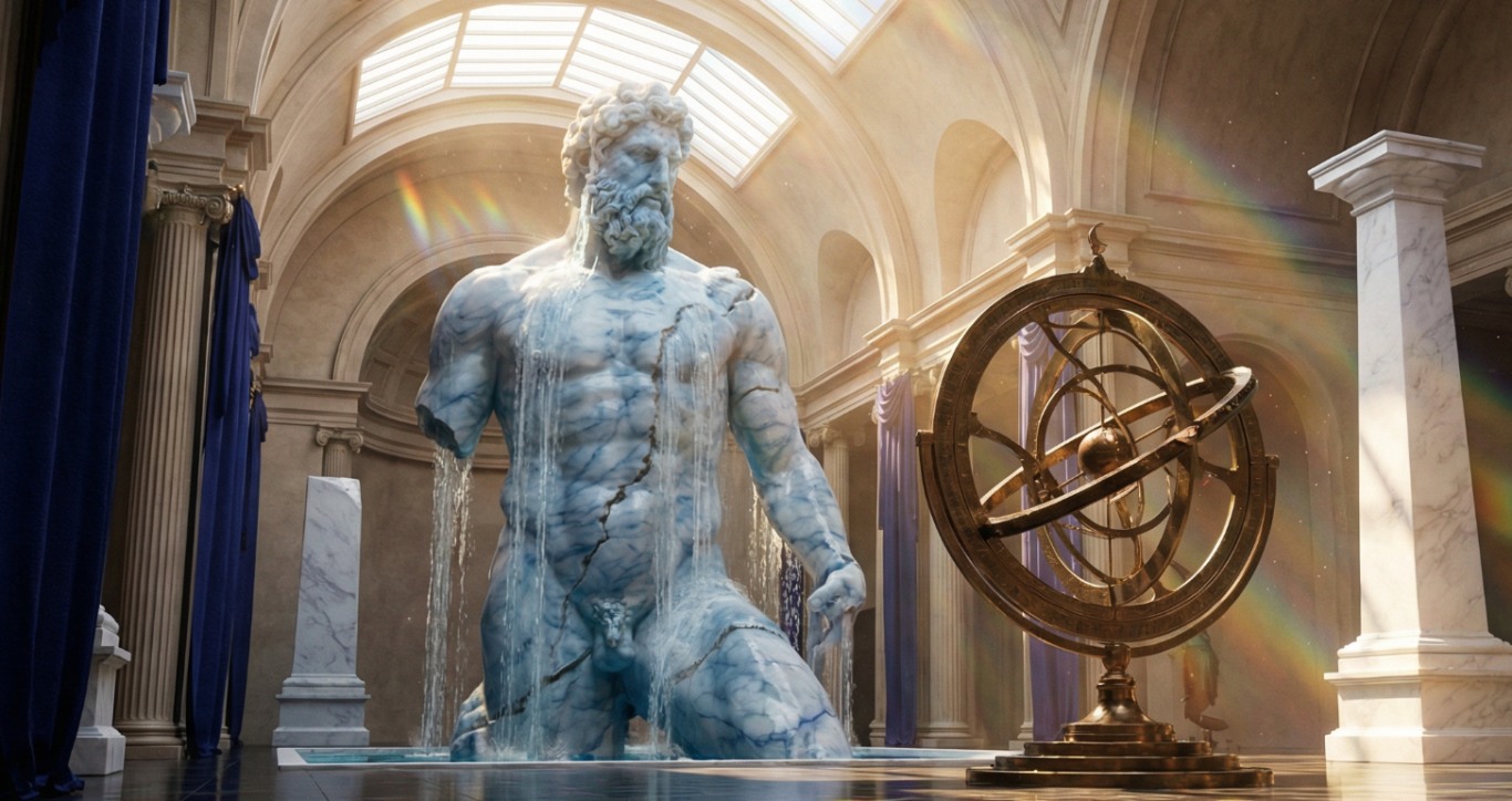 OCEANUS — The Primordial River (Pisces): The firstborn Titan, a colossus of living mist, embodies Pisces' desire to dissolve boundaries and the watery matrix of life. Eisiger, muskulöser Titan in einem prächtigen Raum mit astronomischem Instrument.