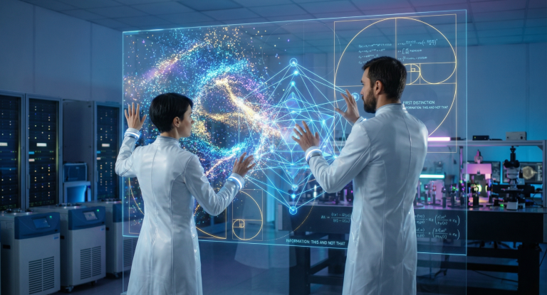 Zwei Wissenschaftler interagieren mit einer holografischen Darstellung von Daten.