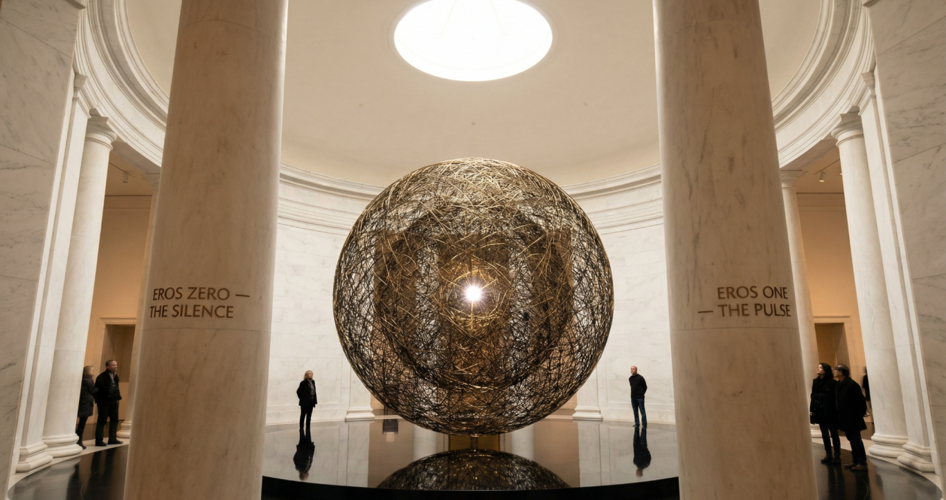Große, kugelige Skulptur in einem Raum mit Säulen und gedämpftem Licht.
