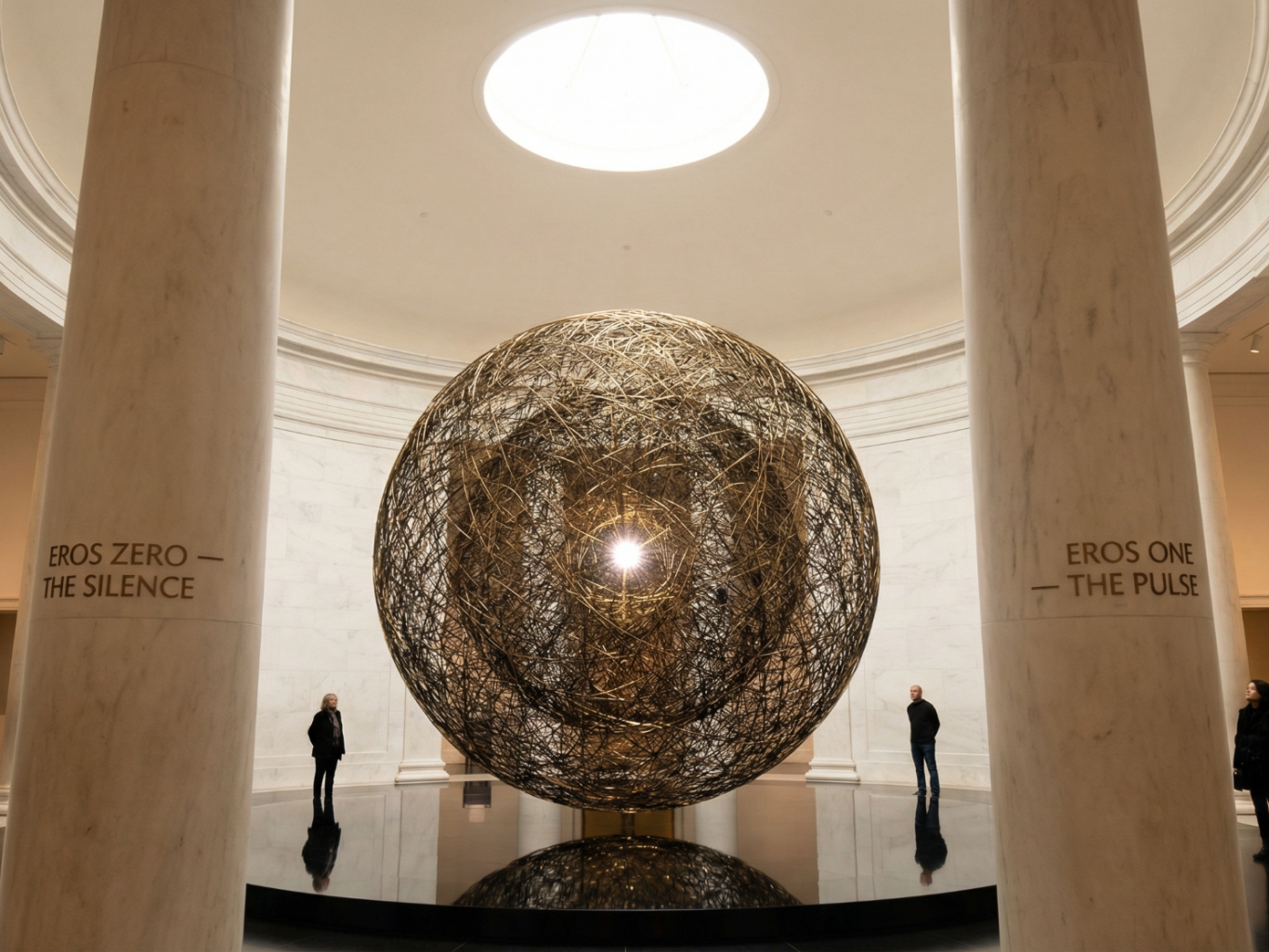 Skulptur in einem Raum mit Säulen, Licht von oben, Personen im Vordergrund.