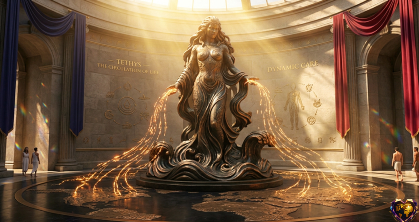 Symbolizes Buddhi (Divine Intelligence) in the Aquatic Matrix, distributing vital force. Transmutation requires using emotional fluidity as conscious nourishment (universal compassion), not chaos. Eine beeindruckende Statue mit strahlendem Licht, umgeben von Menschen in einer großen Halle.