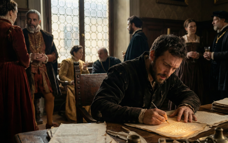 Ritter in Rüstung hält die Hand einer Statue in einem mystischen Garten.