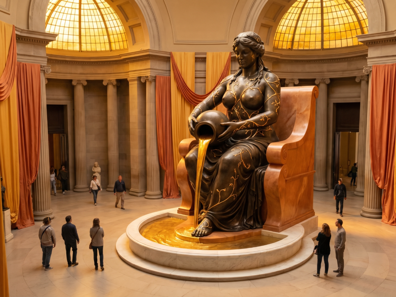 Eine große Statue einer sitzenden Frau, die Wasser aus einem Krug gießt, in einem museumähnlichen Raum.