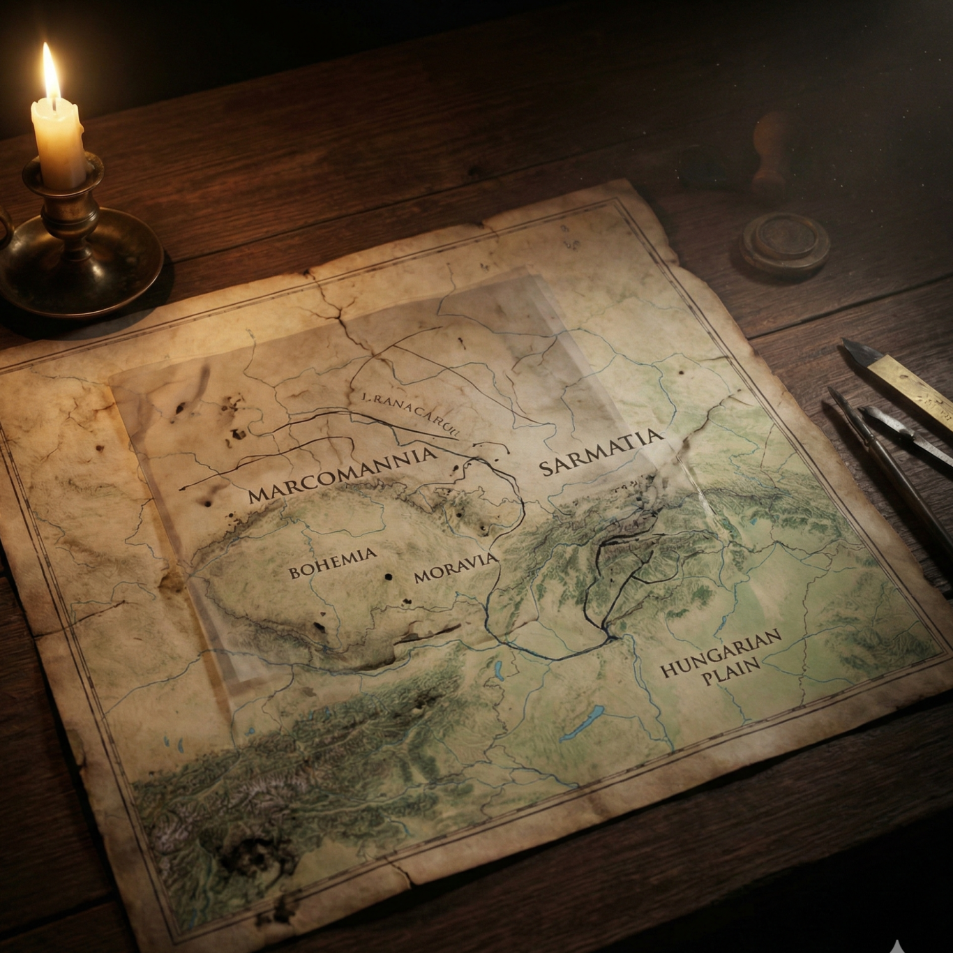Antike Landkarte auf einem Tisch, beleuchtet von einer Kerze, mit gezeichneten Routen und Anmerkungen.