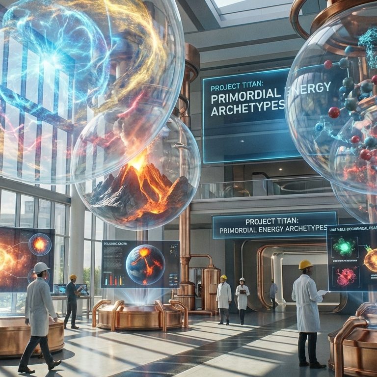 Futuristisches Labor mit schwebenden Experimenten zur primordialen Energie und Architektur.