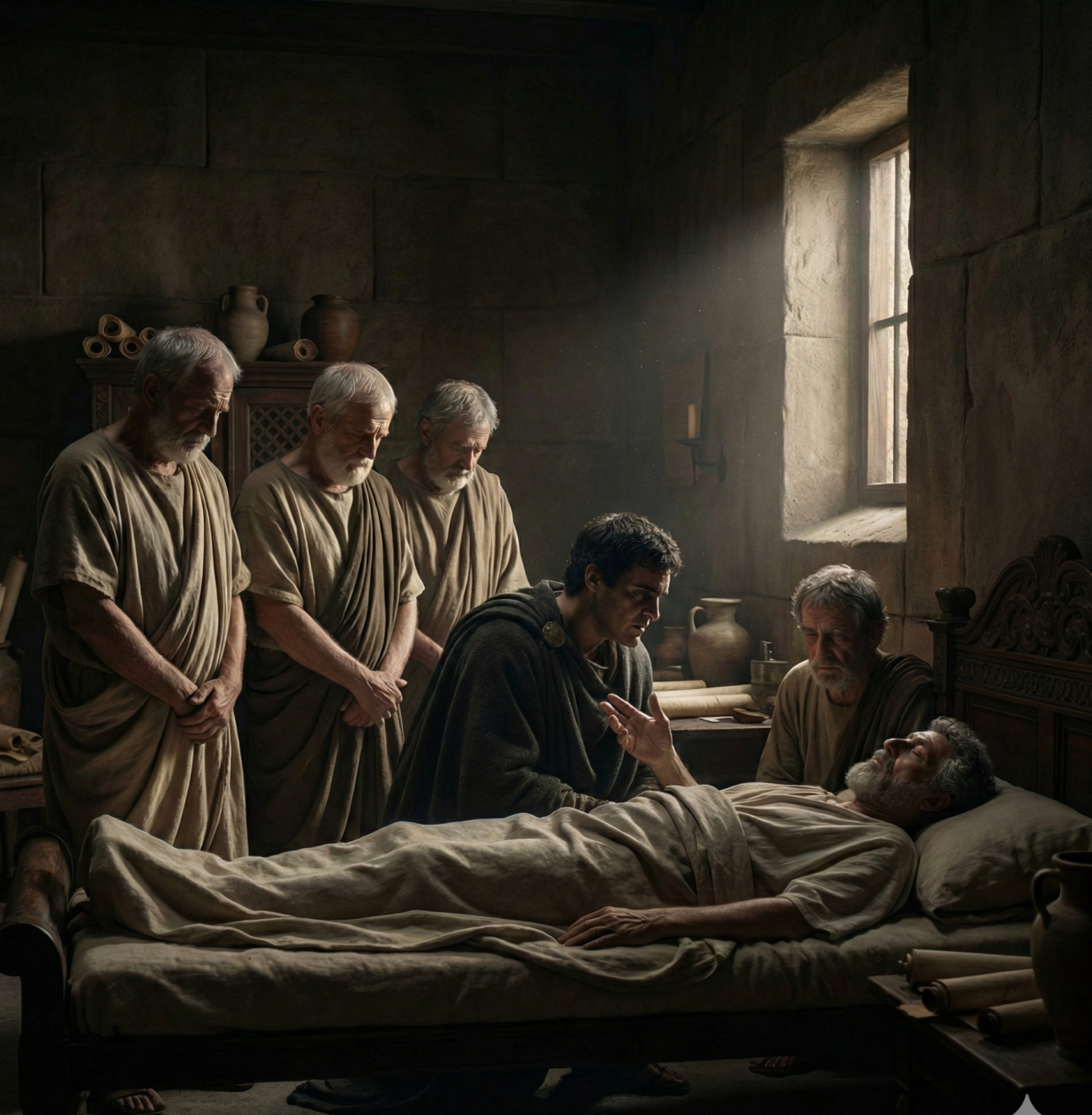 Eine Gruppe von Menschen steht um einen Sterbenden in einem spärlich beleuchteten Raum.