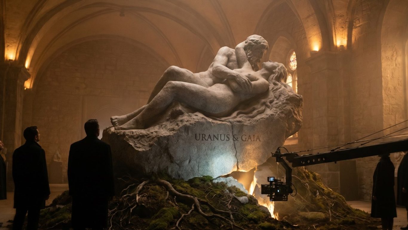 Skulptur eines Liebespaares in einem beleuchteten Raum mit nebliger Atmosphäre.
