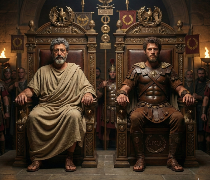 Zwei Herren in prunkvollen Thronsesseln, umgeben von Soldaten in antiken Gewändern.